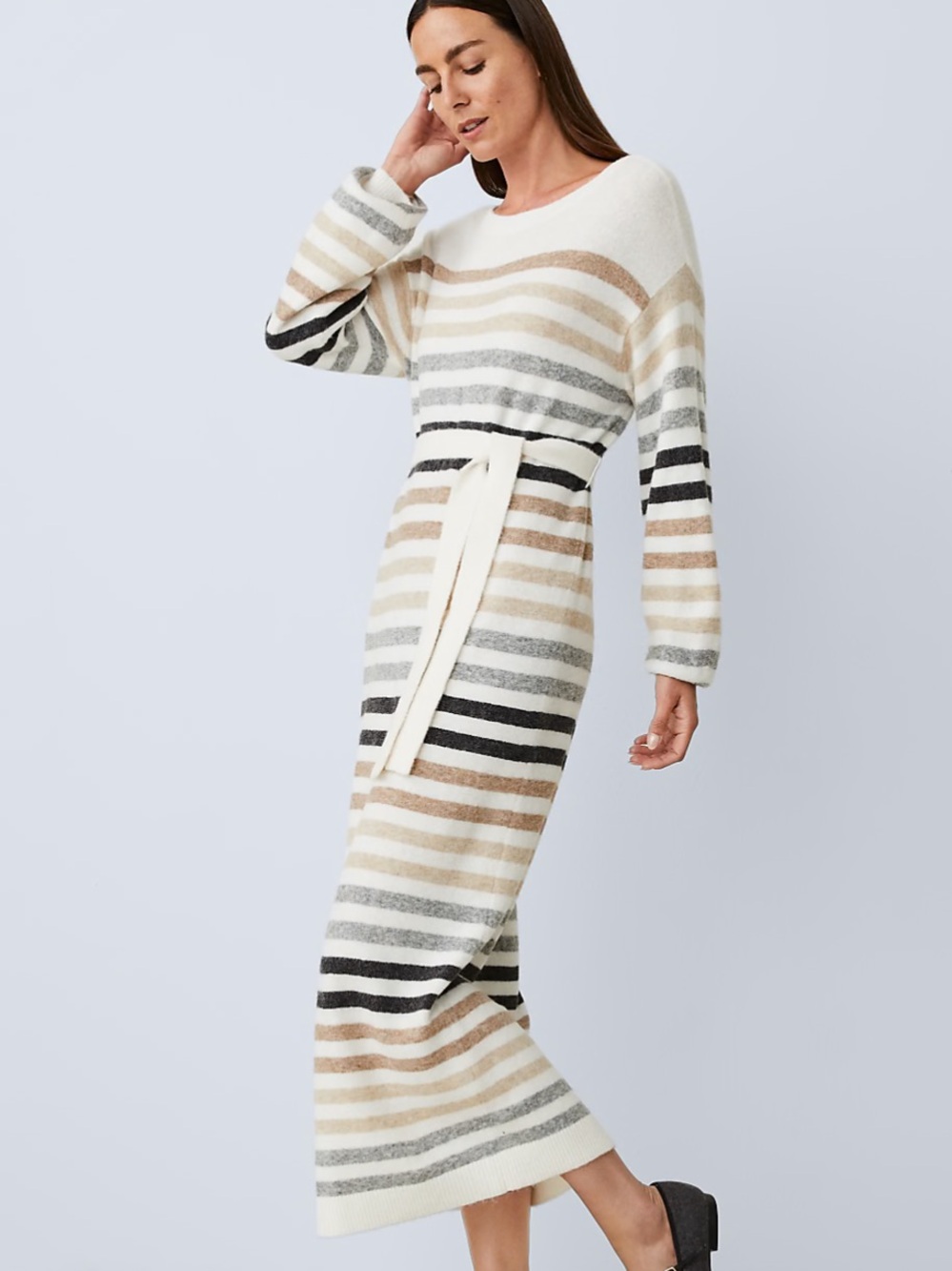NEW Ann Taylor Weekend Collection Striped Raglan Winter White Midi Sweater Dress